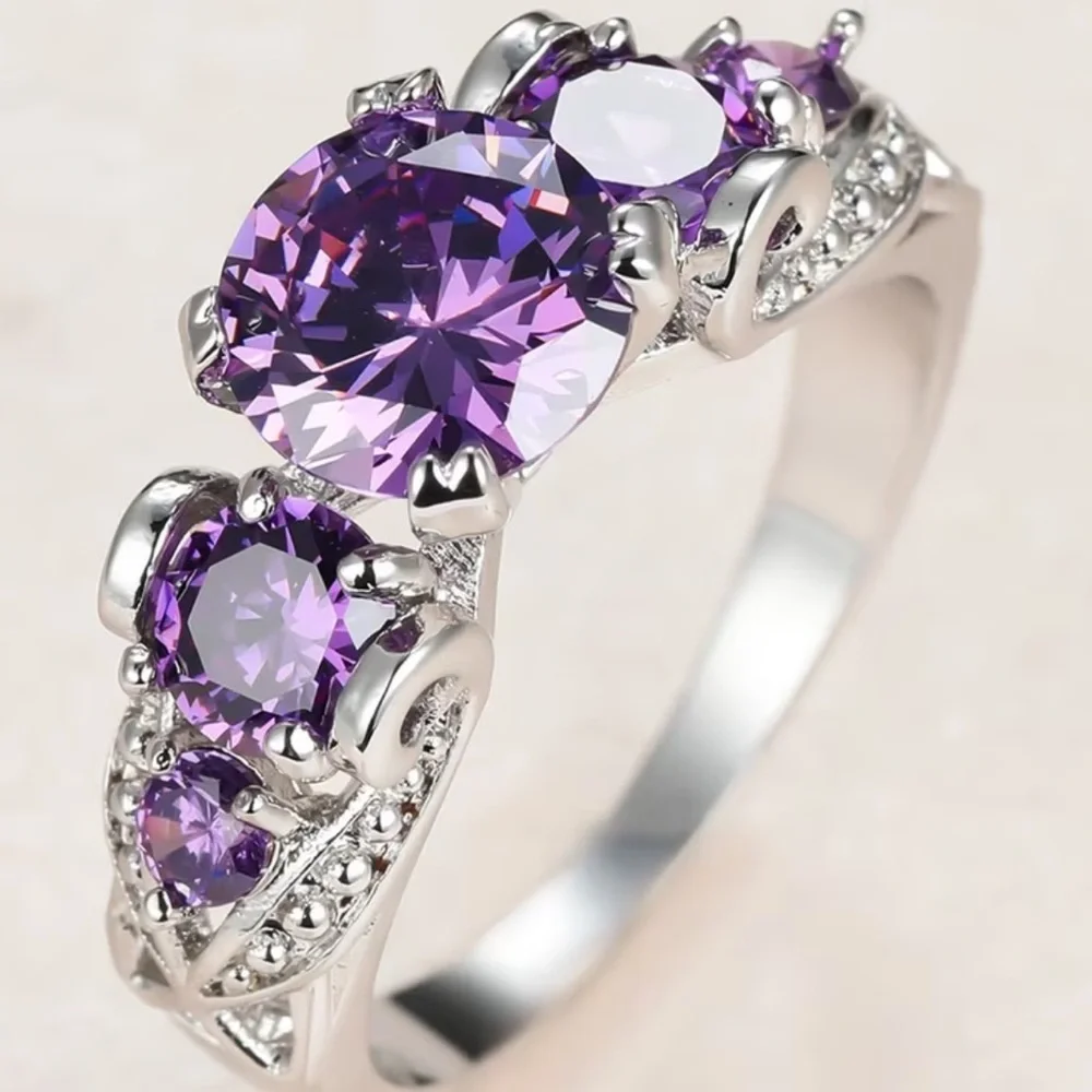 Elegant Purple Amethyst CZ Moissanite Silver Engagement Band Ring - Size 7 or 8